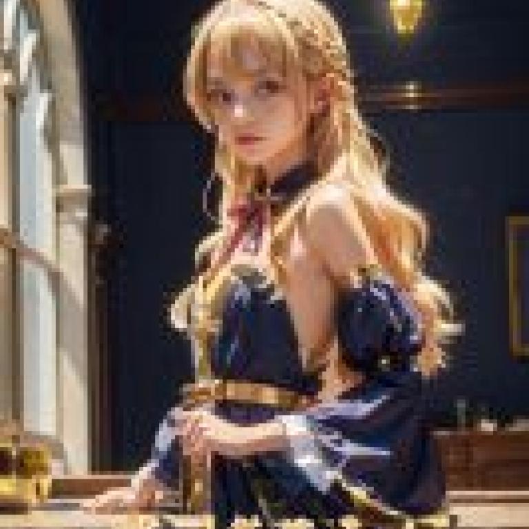 Mobile wallpaper， Lilith Machikado Mazoku， realistic， a woman in a blue dress posing next to a golden candlestick.