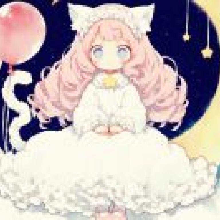 花俏的女孩，粉紅色頭髮的女孩漂浮在空中，周圍環繞著星星、氣球和新月。