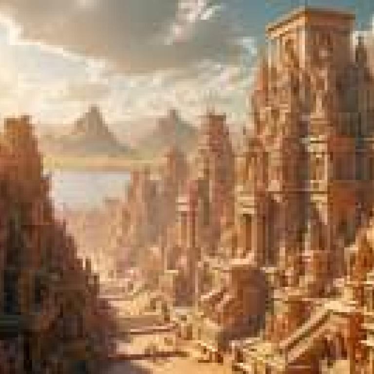 亞特蘭提斯幻境，一座坐落在海邊山丘上的城堡，夕陽西下。