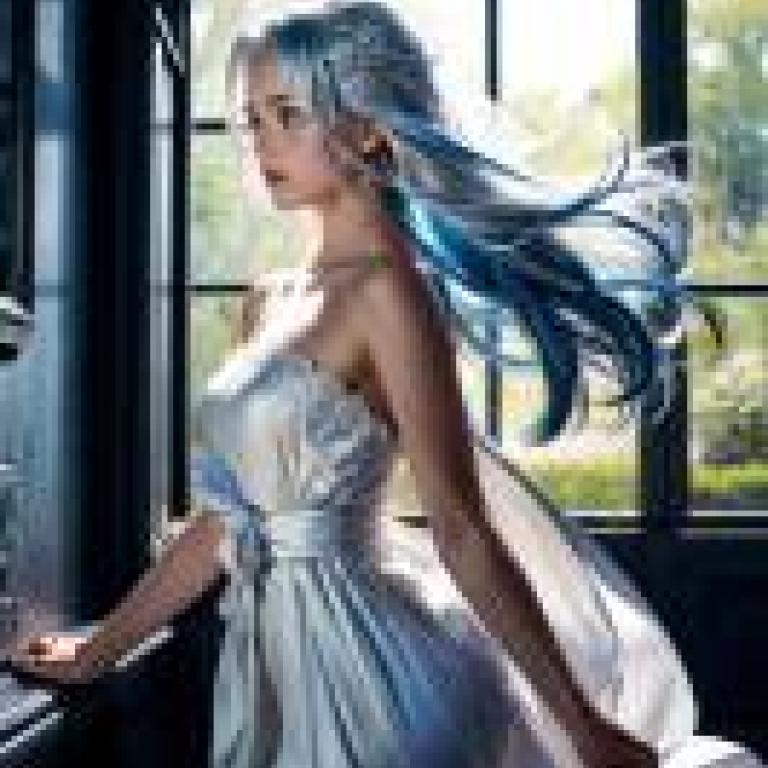 Mobile phone wallpaper， white hair dress， realistic， woman in blue and white dress.