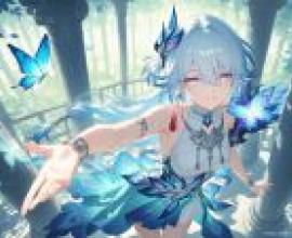 yao guang honkai star rail，A blue haired anime woman with butterfly wings.
