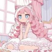 Little Pink GirlA girl with a pink tail and bunny ears sits on the floor next to a pink bed.