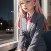 Oyama Mahiro Onimai Im Now Your Sister，Onimai，一個穿著灰色西裝外套的女孩望著窗外。