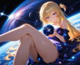 地球之母，一個女孩拿著一個藍色的球，上面有星星和地球圖案，清晰可見。