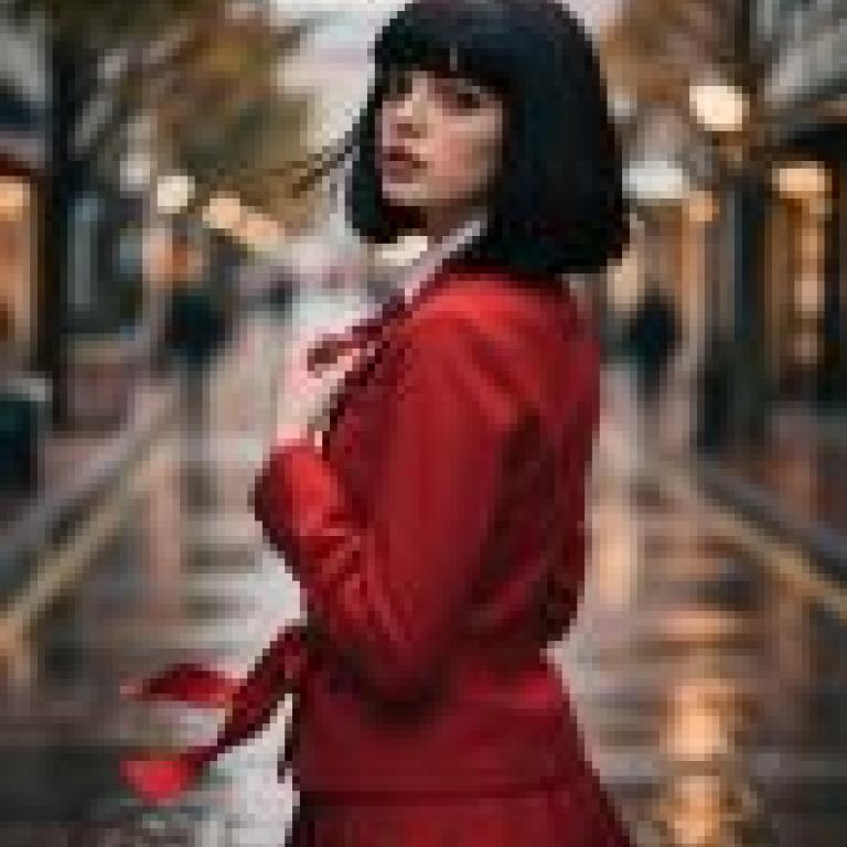 攝影師，一位穿著紅衣的女士看向一旁。