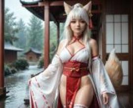 Fox Witch，A girl in red and white， holding onto the rail.