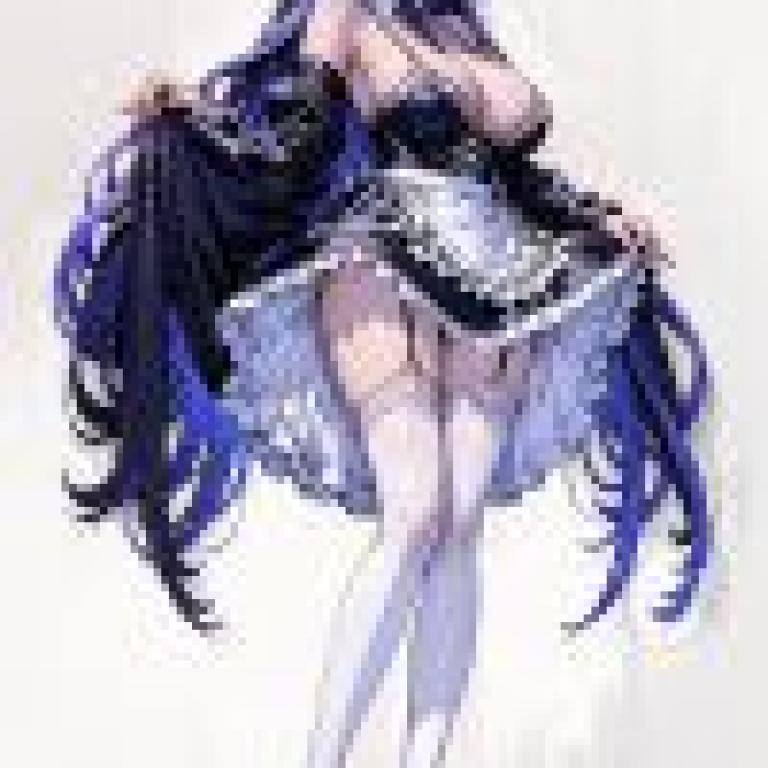 Maid，A woman with large breasts in blue lace dress and white high heels.