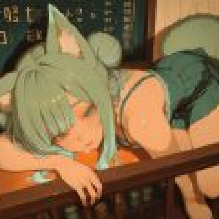 Cat World Bar，A girl cat wearing green dress and laying in the bed.