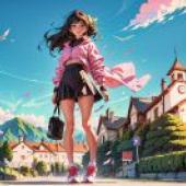 Anime beautiful girl figure， free download of street strolling pink sky tablecloth