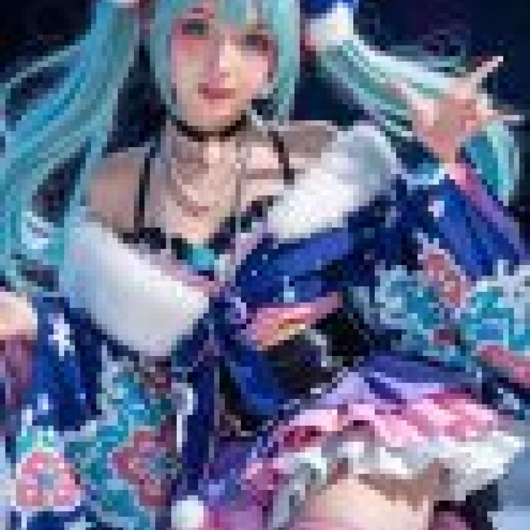 Hatsune Miku，A girl wearing a blue， white and pink kimono is posing for the camera.