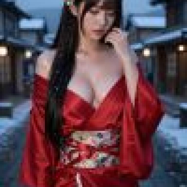 女孩們，一位身穿和服的女子沿著小路走著。