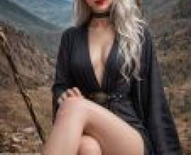 The witch in the mountains，A blonde woman sitting with one leg crossed.