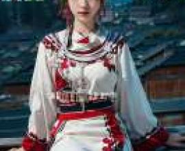 Miao clothing Hmong costume white 苗疆服裝，A girl in a red and white dress sits with her legs crossed.