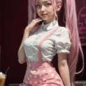 大森甜心，一位有著粉紅色頭髮和同色波點連身裙的年輕女士。