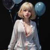 夢中的白兔，一個女孩頭頂上頂著藍色、粉紅色和黑色的氣球。