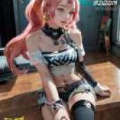 妮可·德瑪拉（Nicole Demara）Zenless Zone Zero，一個有著粉紅色頭髮和黑色靴子的年輕女孩坐在木凳上。