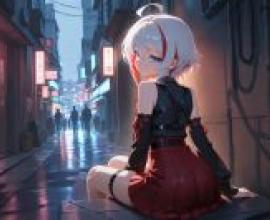 白星公主內利多，一位身穿紅黑服裝的女子夜晚坐在戶外。