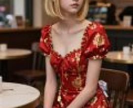ZIT 01，Red haired girl in an elegant red dress and flower in her hair.