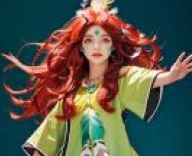 Popoi， Secret of Mana，紅頭髮的女人，頭髮上插著一根藍色的羽毛。
