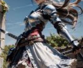 女武士，女孩在玩劍術遊戲。