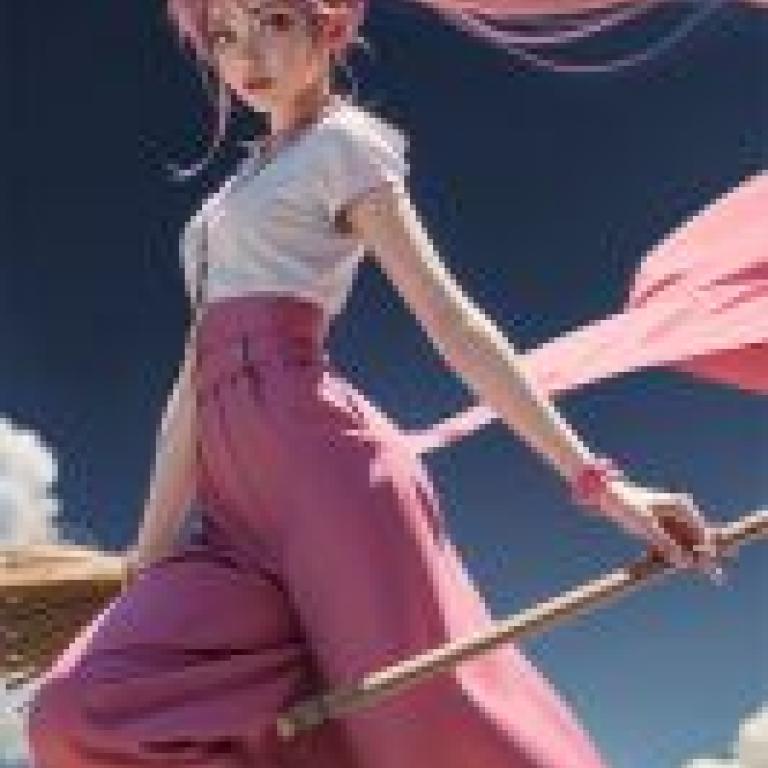 綁著粉紅色馬尾的 Arche Klein ToPA 女孩穿著粉紅色衣服，手持掃帚。