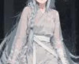girls，A girl with an eye ring and white hair in braided pigtails is wearing a grey outfit.