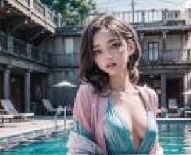 泳裝美女泳池陽光，藍裙優雅