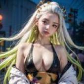 The blade of ghosts swims in Guo， live -action version， falling girl， gold and black phantom: the blade of the blade of ghosts， the real -life felling girl， the blonde girl at night corner， the city scenery and sculpture fantasy.