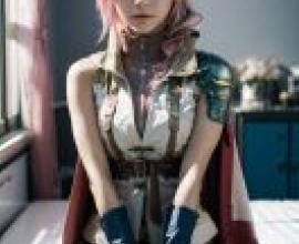 手機桌布，雷光，Final Fantasy XIII，寫實，一位身穿粉紅色和金色盔甲的女子坐在長凳上，看著鏡頭。