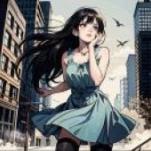 The beauty of the end of the world，Girl with black hair in blue dress standing on board.