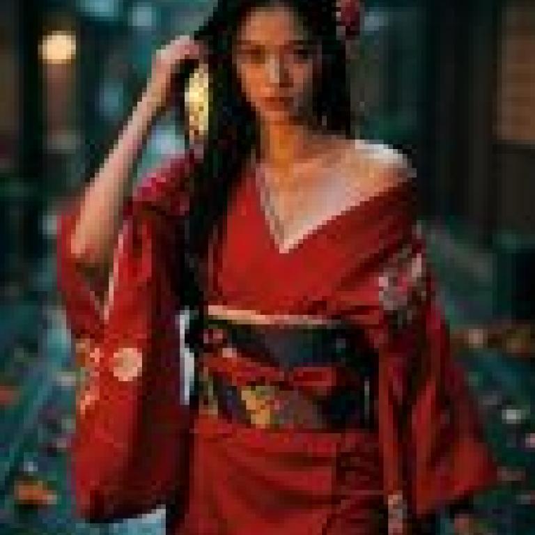 red kimono，A woman in a red kimono with a rose flower in her hair.
