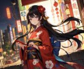 Computer wallpaper， kimono fantasy， animation， exquisite fantasy street scene where kimono and animation are intertwined