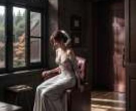 一場黑暗的婚禮，新娘坐在窗前的椅子上。