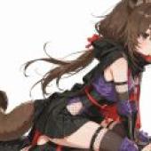 女貓忍者，身穿紫色服裝，長著棕色耳朵。