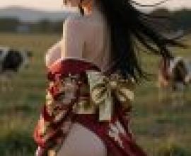 girls，Woman in red dress near cows.