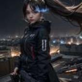 黑岩射手，一個穿著黑色夾克的女孩拿著一把槍。