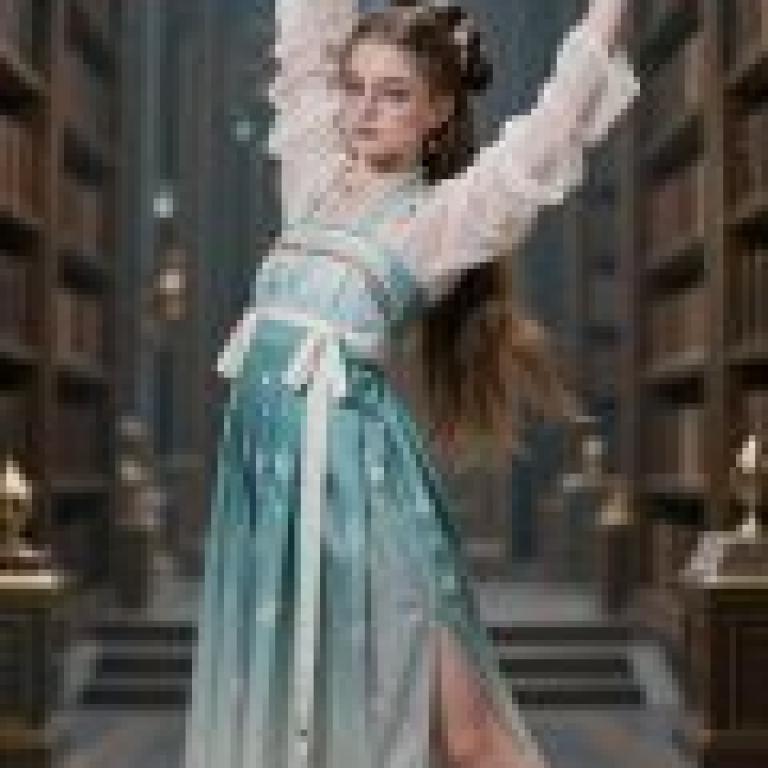 British female students studying in China，A girl in a dress in front of bookshelves.