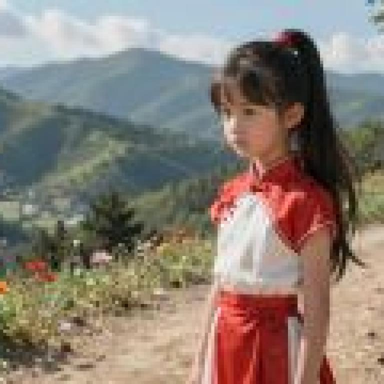 ZIT TEST 51，A little girl in a red dress looks sad on the side of a path.