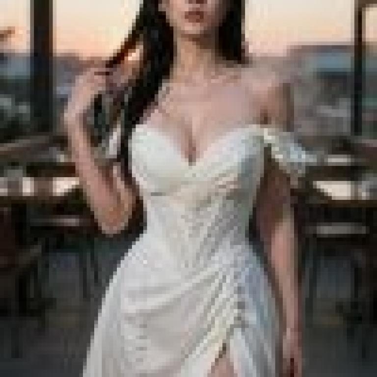 Street beauties，A model wears a white dress in front of tables and chairs.