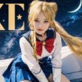 水手月亮，一個穿著動漫角色扮演服裝的金髮女孩回頭說K。