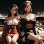 日本和服風格，「城市夜色美 - 粉絲Qi與Sakimi Chan的逼真和服畫，城市夜景的美麗免費桌布」