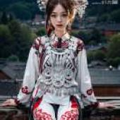 苗族服飾 白色苗疆服飾，一位身著白紅相間服飾的女子坐在櫃檯上。