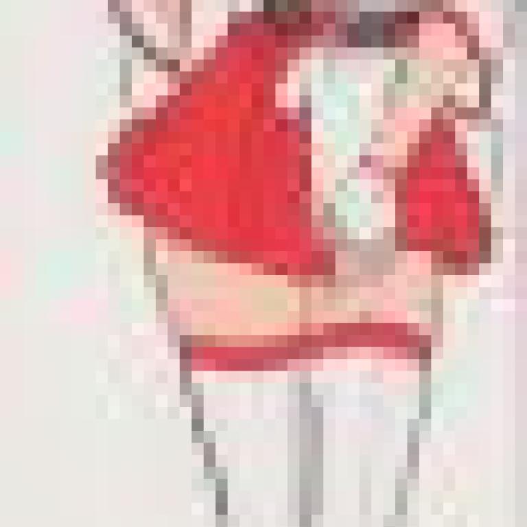 girls，An anime drawing with white skin， blue hair and red dress.