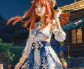 nilou， genshin impact，A woman in a blue and white dress with red hair.