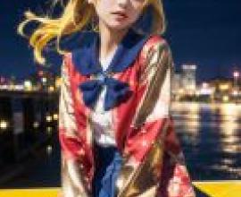Mobile wallpaper，Hayu Nukui， 贯井はゆ，realistic，A girl sits on the yellow railing in front of the city skyline at night.