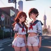  "Two Anime Girls at a City Street with Traffic Light and Car  Featuring Artgerm's City Background Painting  Part of a Serial Art"