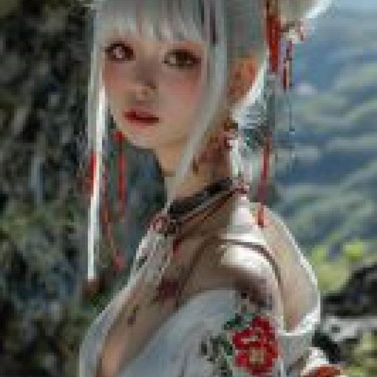 Bun head，A beautiful young woman with white hair and red earrings.