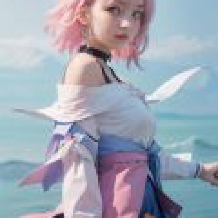 3月7日 星軌，一個粉紅色頭髮、綁著藍色髮圈的女孩。