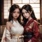  Free Download of Beauty Wallpaper: Kimono-Clad Women in a Posing Room， Art by Van-Chi， Cosplay， Realistic Art， Aestheticism