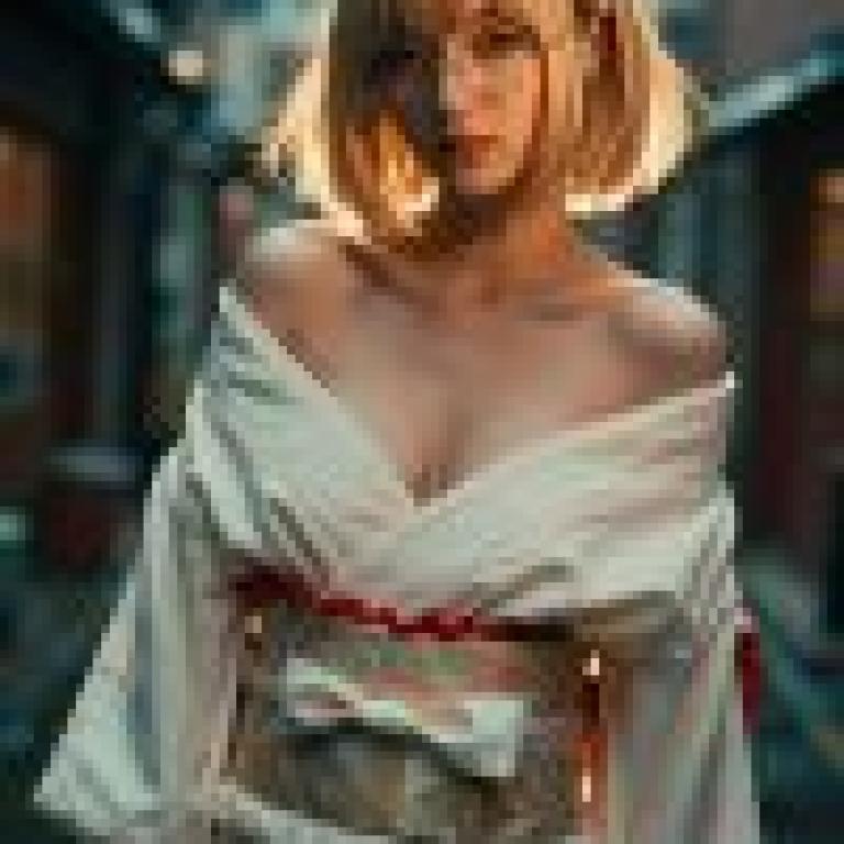 身穿日本和服的年輕女子，戴著眼鏡，回頭張望。